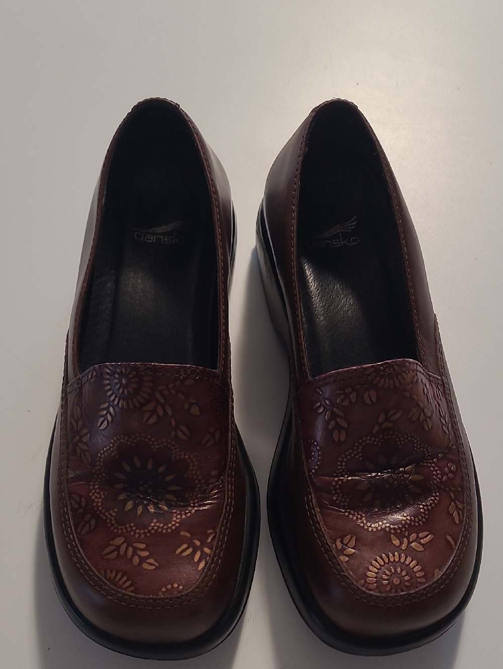 Dansko Brown Floral-Embossed Leather Slip-Ons Size 37